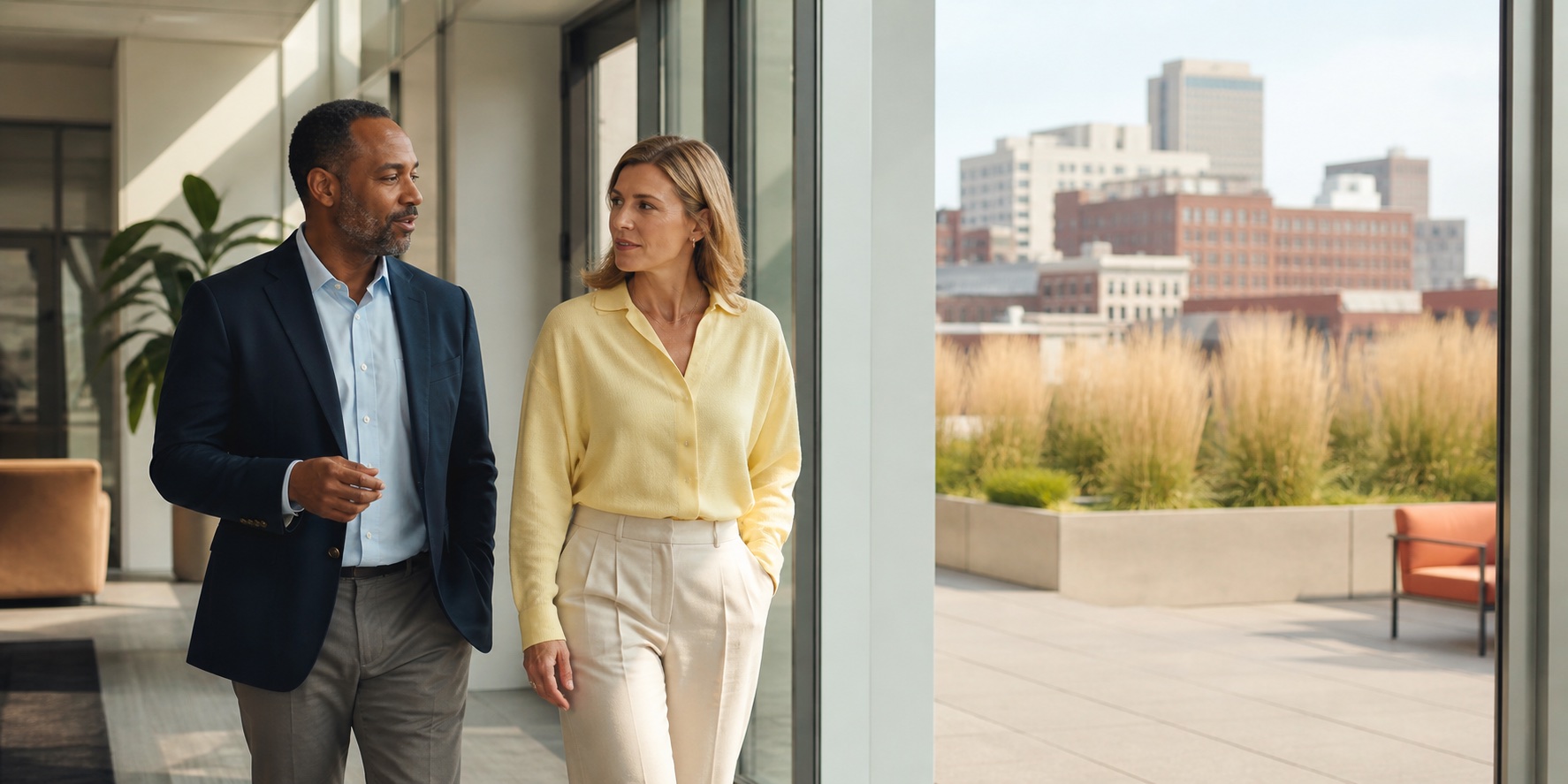 Two professionals talking as they walk through a bright office